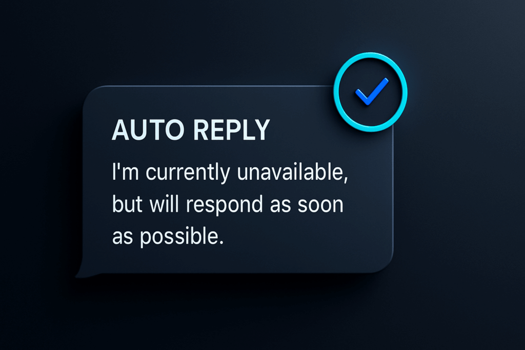 WhatsApp auto reply message example saying unavailable but will respond soon, with checkmark symbol for customer acknowledgment.