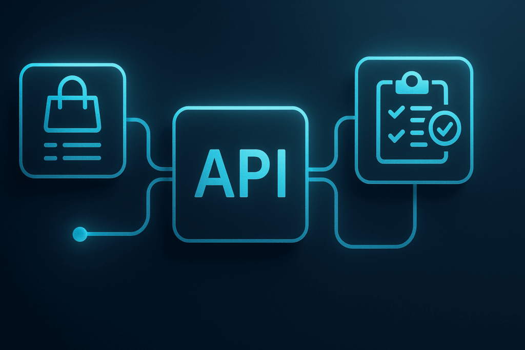 API integration illustration showing connections between shopping, API, and checklist icons.