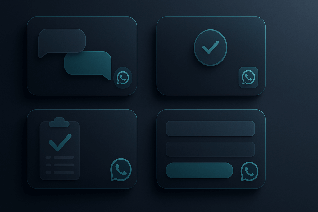 Abstract modular cards suggest touchpoints for WhatsApp list building.