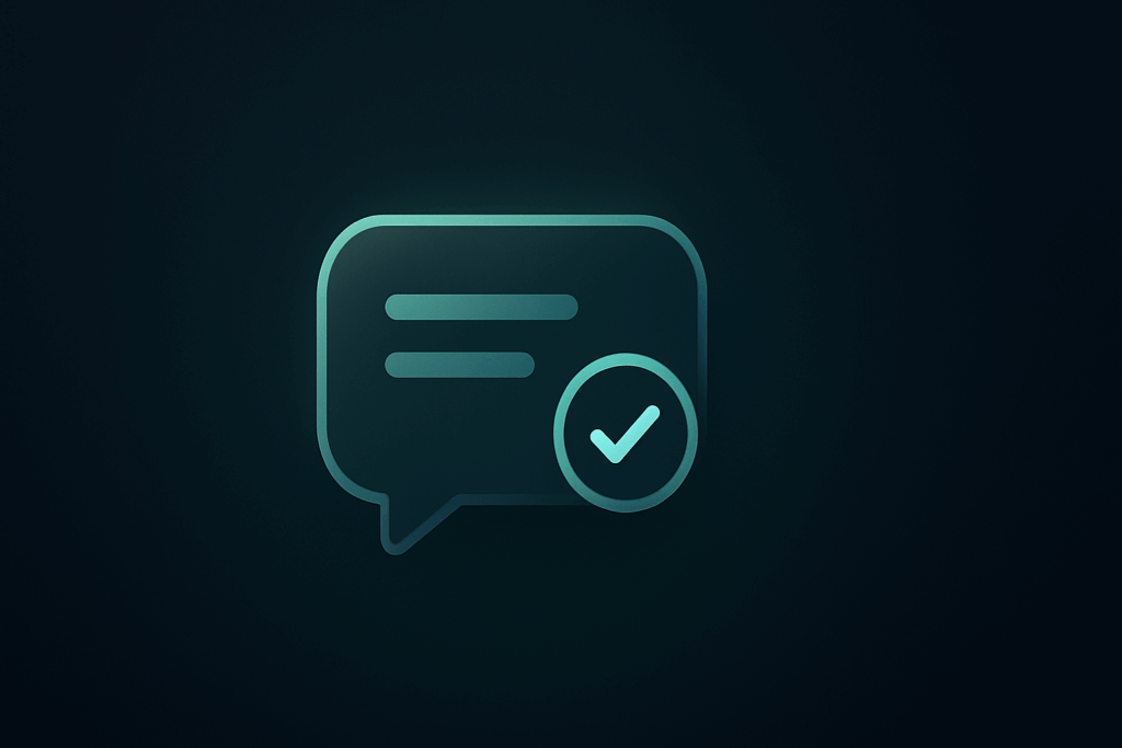 Chat bubble icon with a check mark, representing confirmed messages or updates.