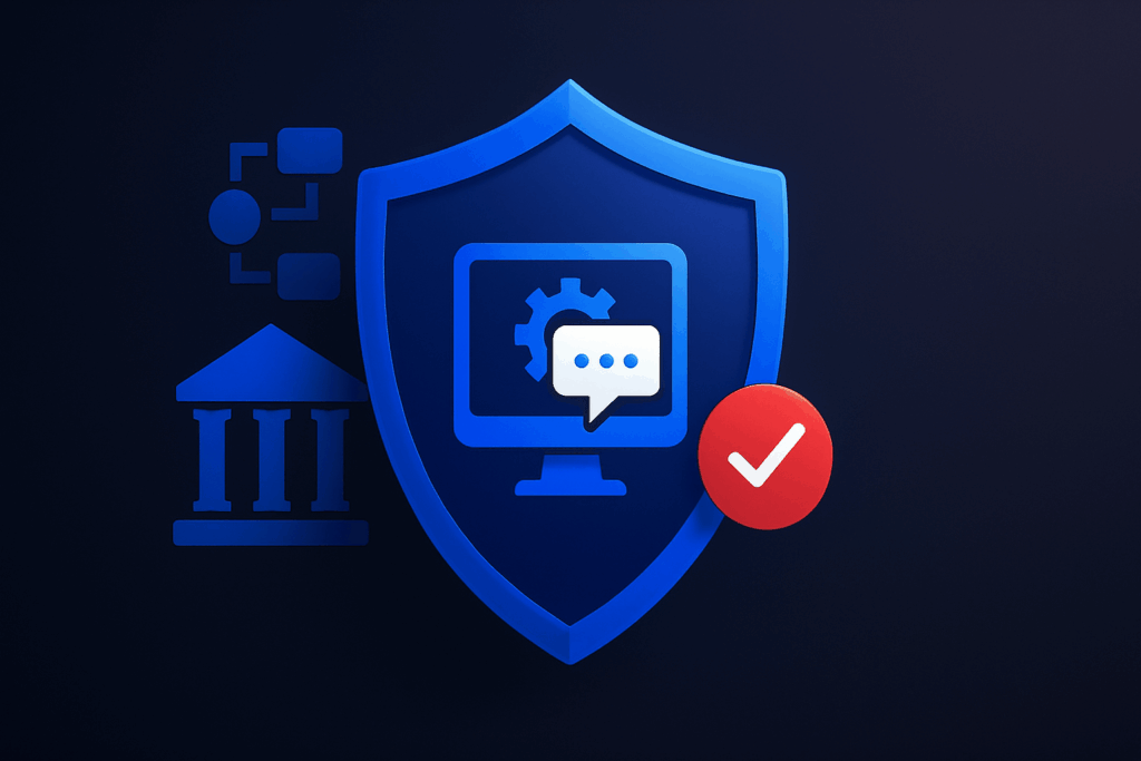 WhatsApp auto reply security illustration with shield, chat bubble, and checkmark symbolizing safe and trusted business messaging.