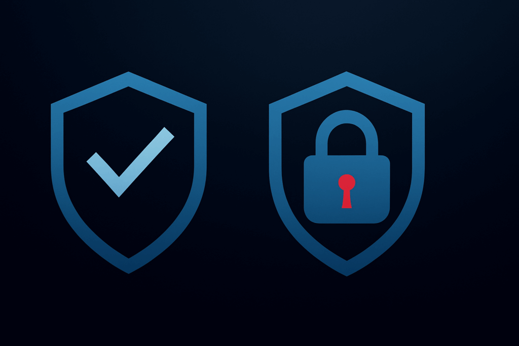 Two shield icons, one with a check mark and one with a padlock, symbolizing security and trust.