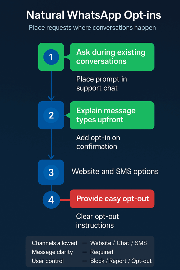 Infographic of natural WhatsApp opt-ins showing chat prompts, message clarity, website or SMS options, and opt-out controls.