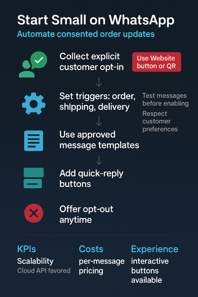 Infographic showing WhatsApp order update steps: opt-in, triggers, templates, replies, opt-out.