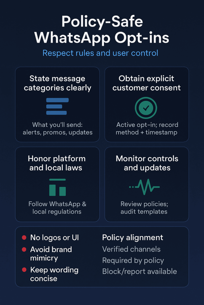 Policy-safe WhatsApp opt-ins: clear categories, consent, compliance, monitoring.