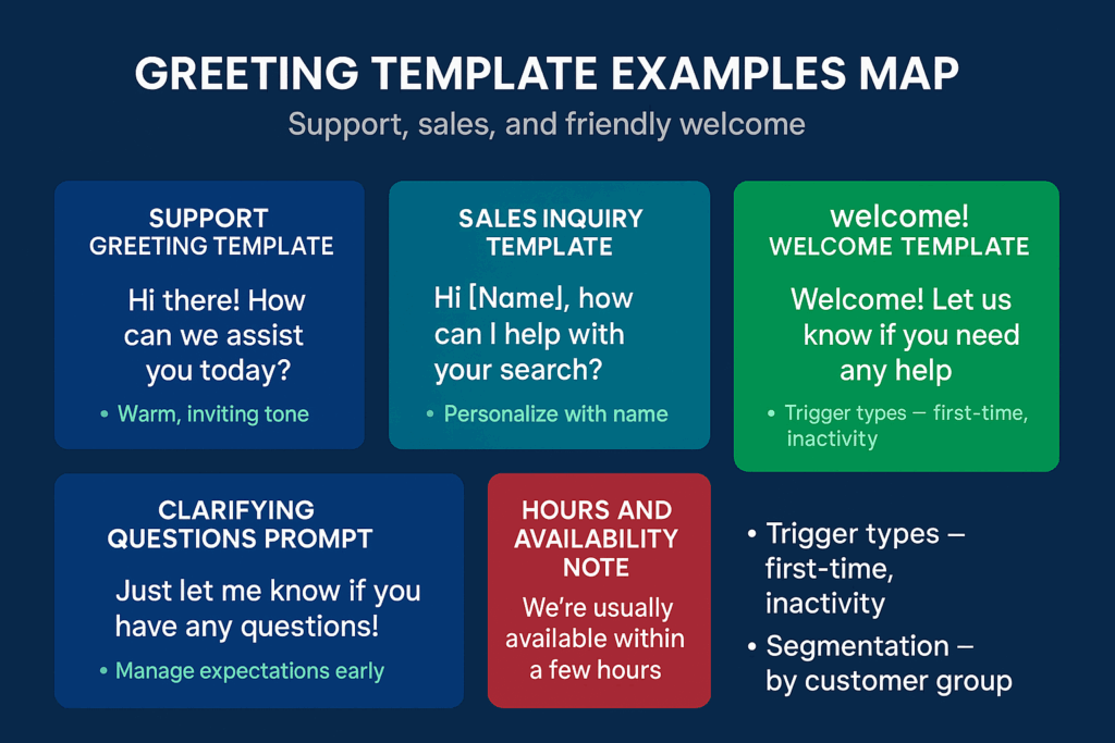 Greeting template examples: support, sales, welcome, clarifying questions, and availability.