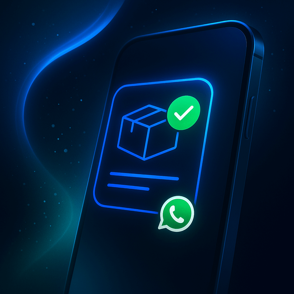 Glowing server and smartphone icons connected by lines, representing digital communication flow.