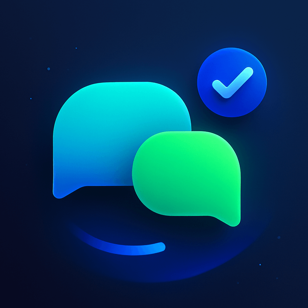WhatsApp auto reply social graphic with two chat bubbles and a checkmark symbolizing instant customer communication.