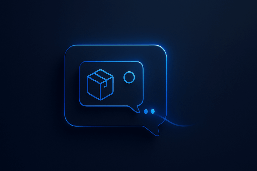 Neon blue chat bubble with package icon symbolizing shipping notification.