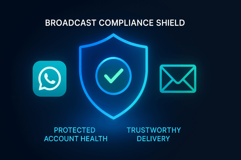 Shield and chat icon symbolizing safeguards for compliant, reliable WhatsApp messaging.