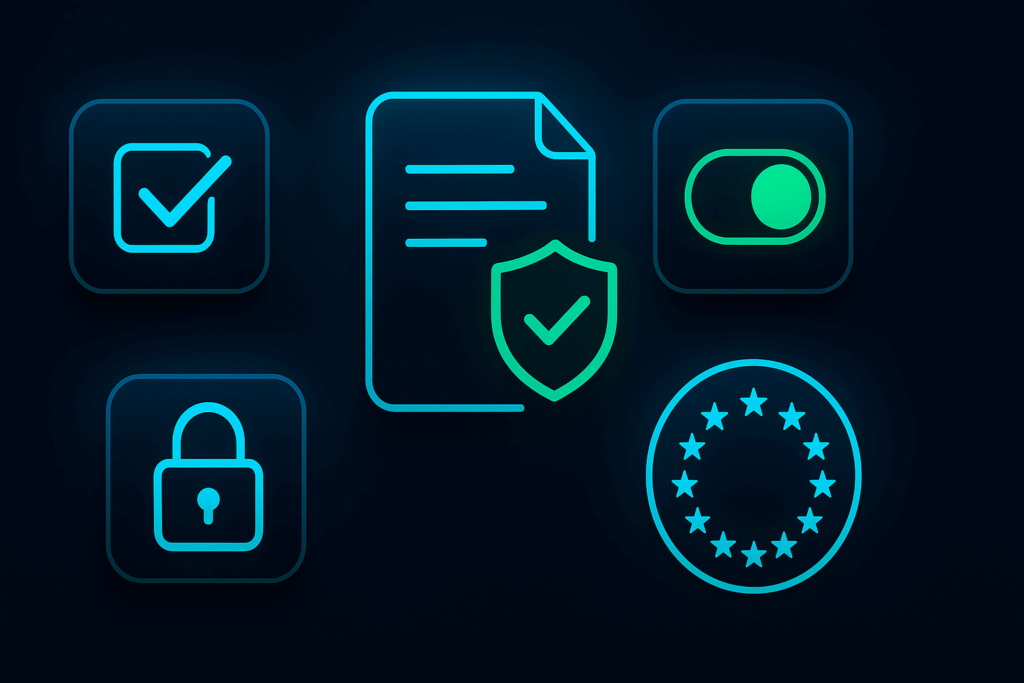 Three blue shield tiles showing a padlock, a checkmark, and a checklist, symbolizing security, approval, and records.