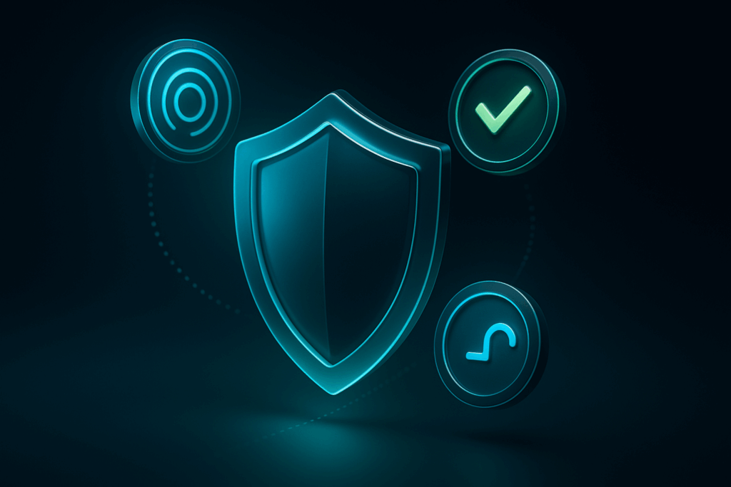 3D glowing shield with security icons on dark teal gradient background.