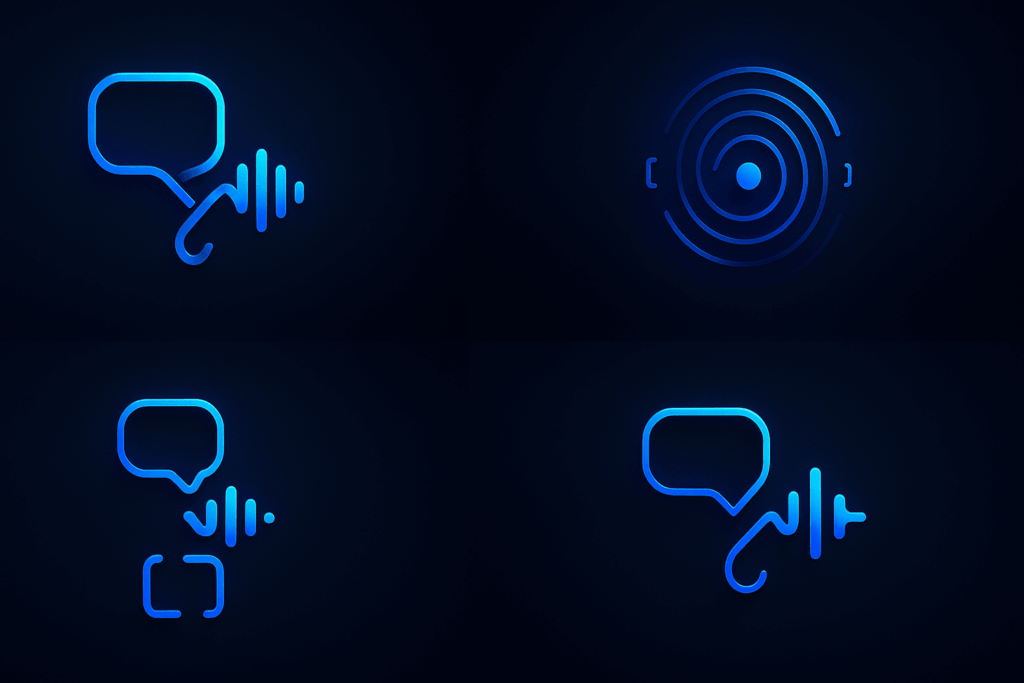 Neon blue icons of chat, voice, and connection on dark gradient background.