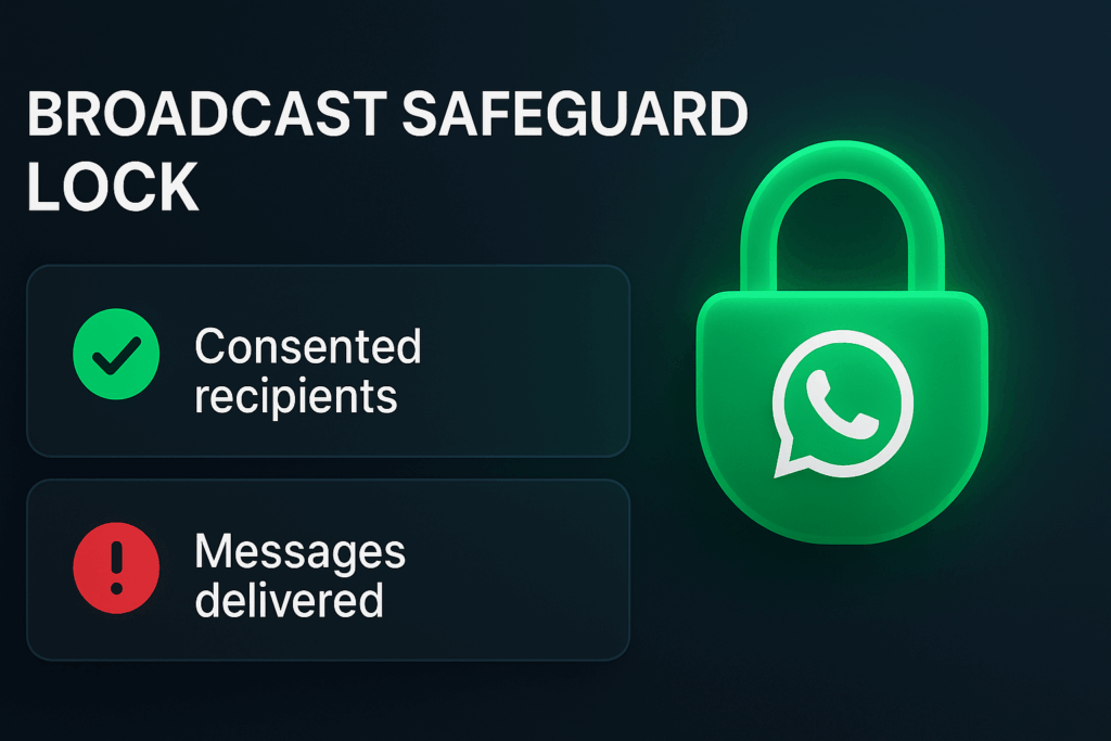 WhatsApp Broadcast List card highlighting private one-to-many messaging with the WhatsApp logo.