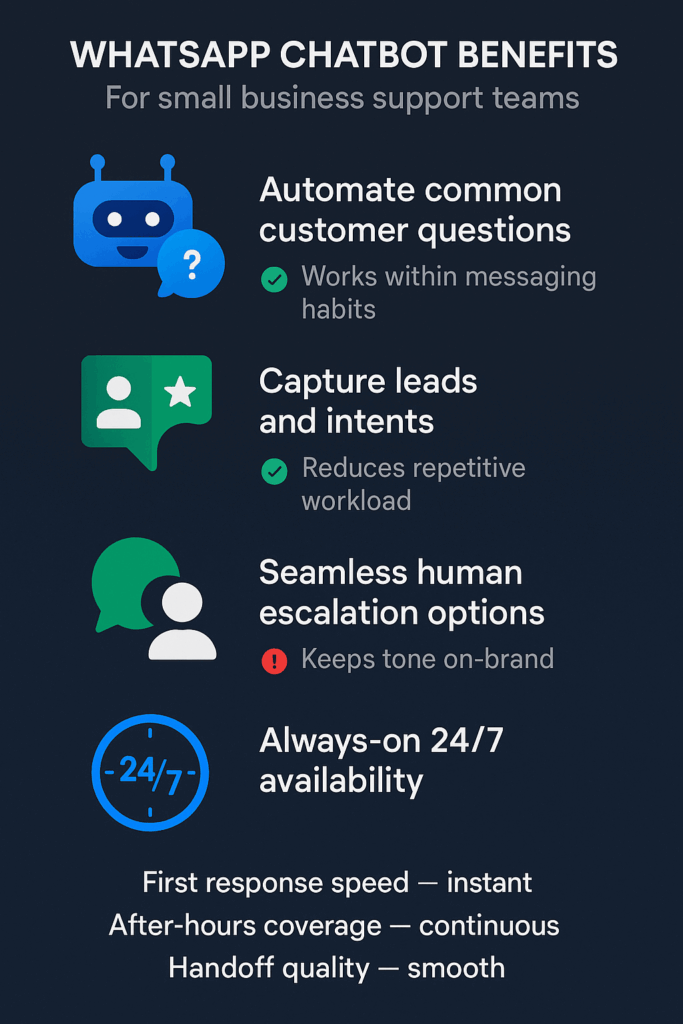 Infographic highlighting WhatsApp chatbot benefits like automation and 24/7 support