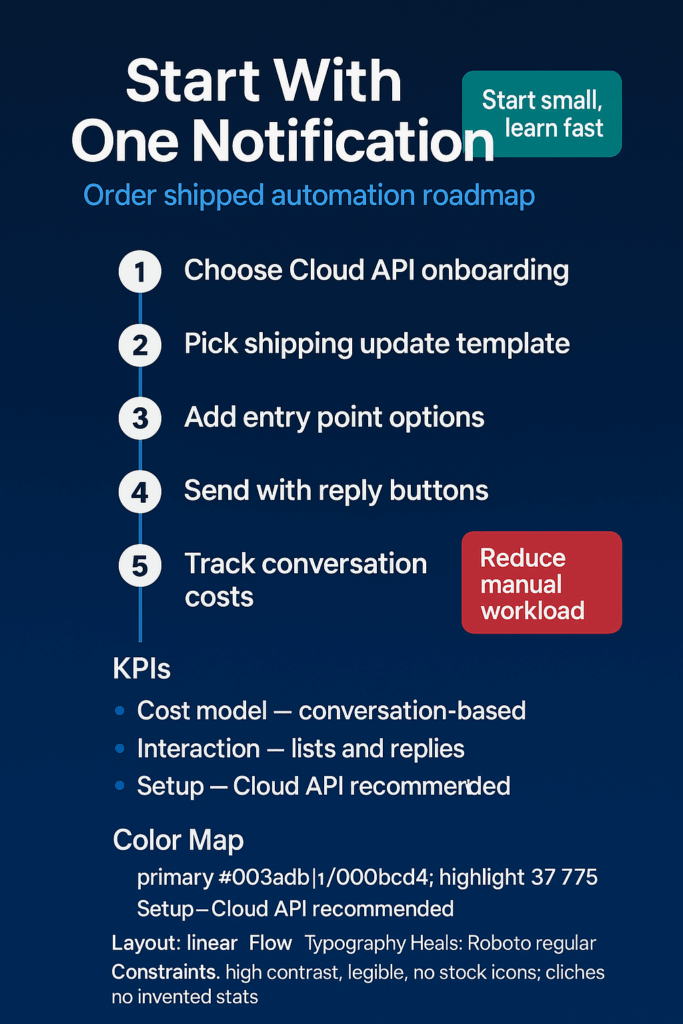 Step-by-step infographic showing WhatsApp shipping notification setup process.