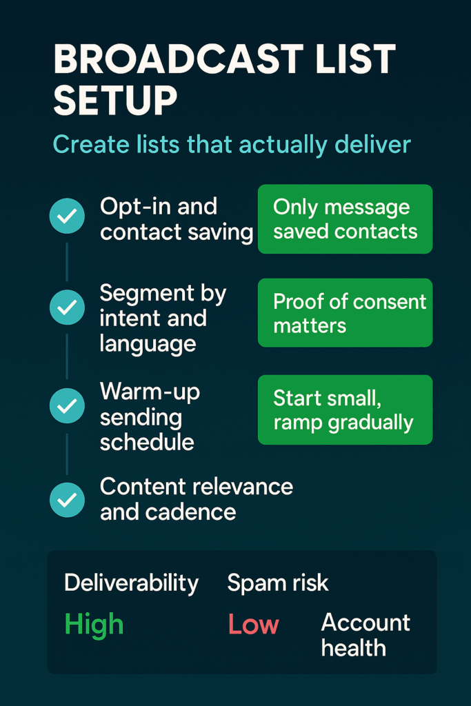 Infographic: list hygiene—qualify contacts, remove inactive, respect frequency; steadier reach and fewer complaints.