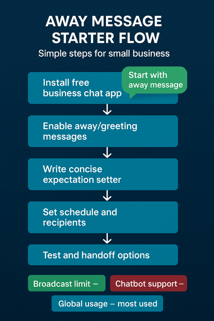 Quick checklist to launch your first automation Infographic: simple steps to automate WhatsApp messages — install app, enable away, set schedule, test, note limits