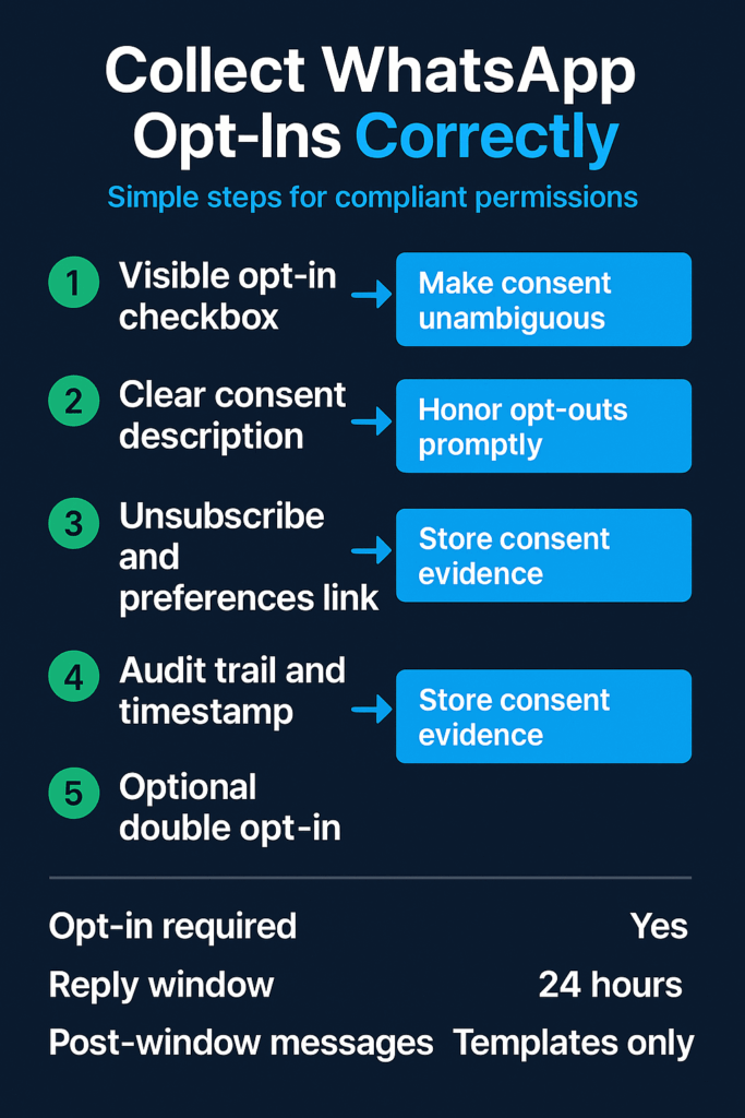 Infographic: collect WhatsApp opt-ins—visible checkbox, clear consent, unsubscribe link, audit trail, optional double opt-in
