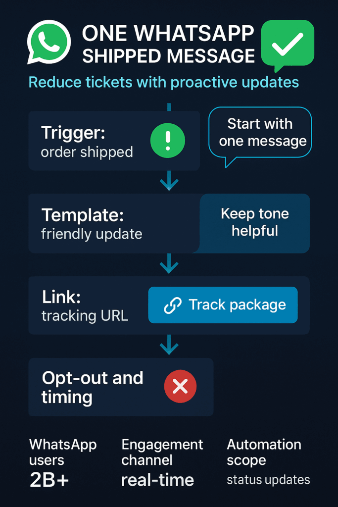 How WhatsApp Order Tracking Automation Works Infographic illustrating how WhatsApp order tracking automation connects store systems to real-time customer notifications.