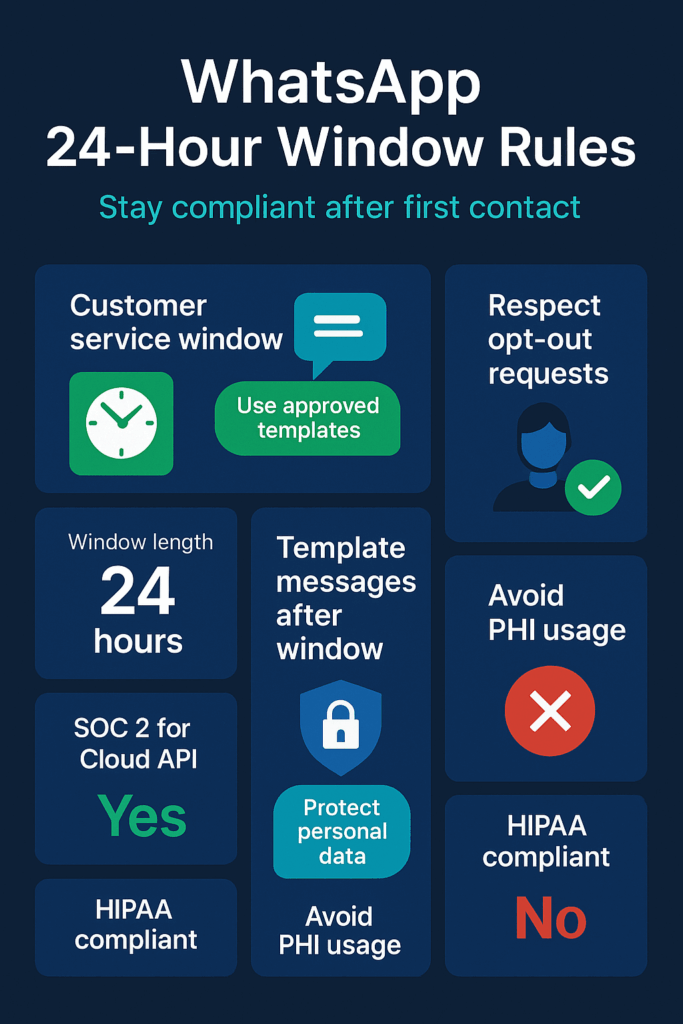 Infographic: WhatsApp 24-hour rule—free replies for 24h; templates after; honor opt-outs; HIPAA not supported.