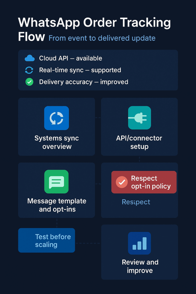WhatsApp Order Tracking Performance Metrics Infographic displaying key performance metrics for WhatsApp order tracking such as delivery accuracy, read rates, and opt-outs.