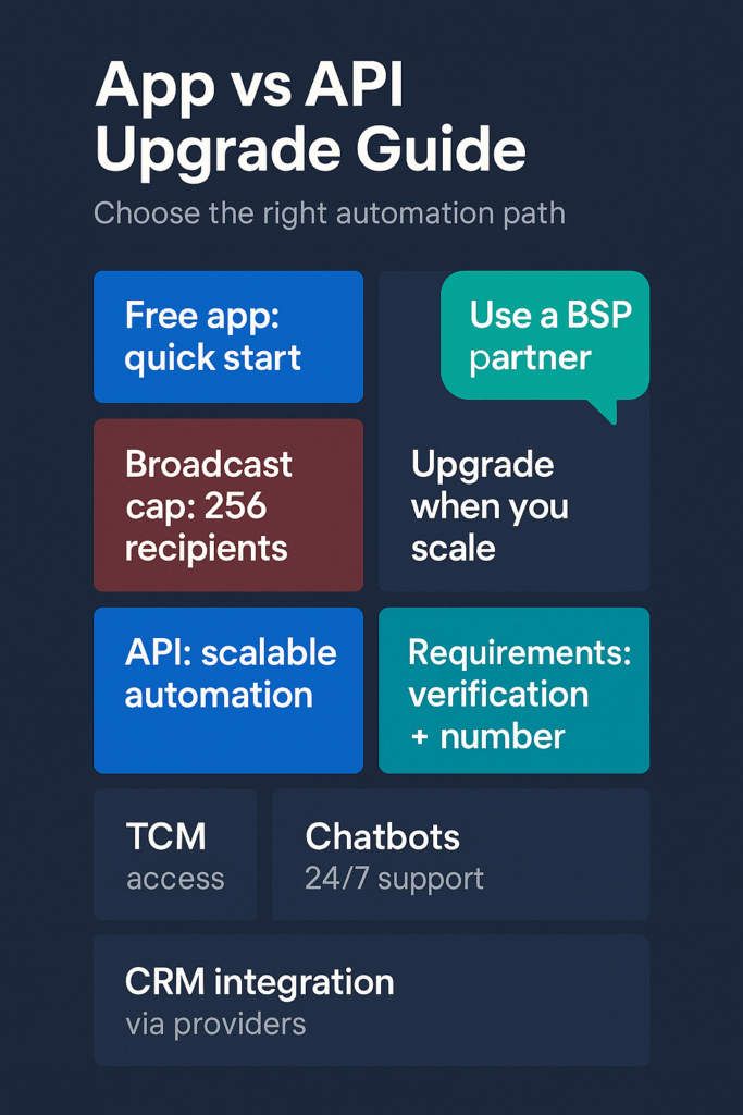 Start on the free app; move to API when you need scale Infographic: WhatsApp Business app vs API — broadcast cap 256, chatbots, CRM integration, upgrade when you scale