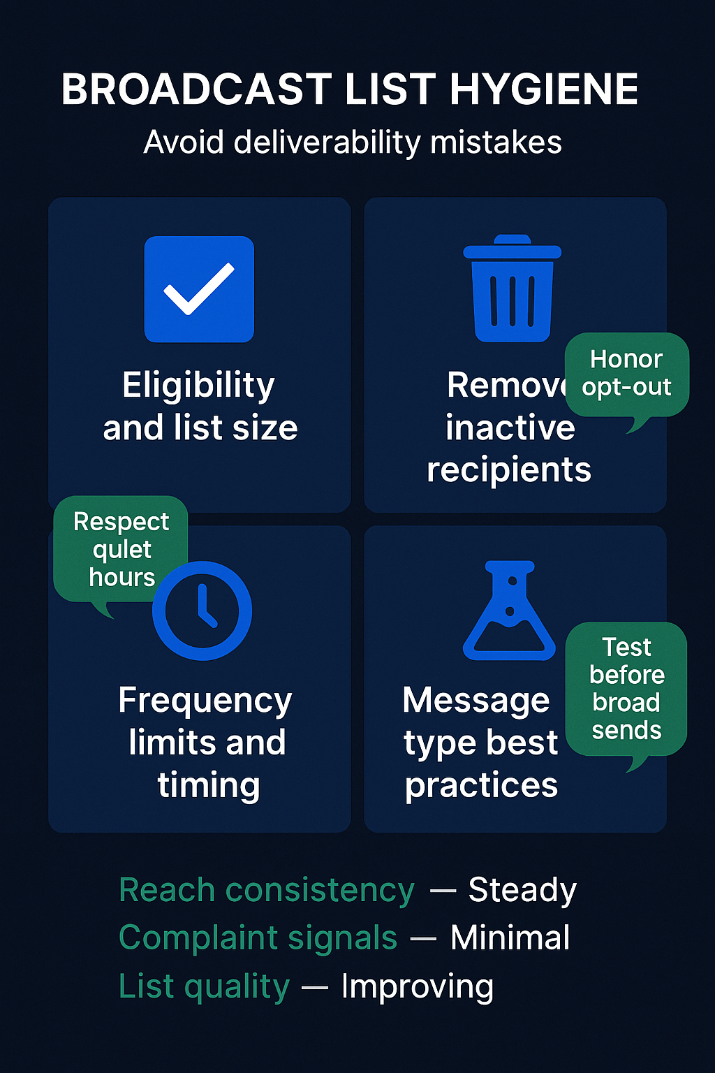 Infographic: get opt-in, segment by engagement, and warm up lists for high deliverability and low spam risk.