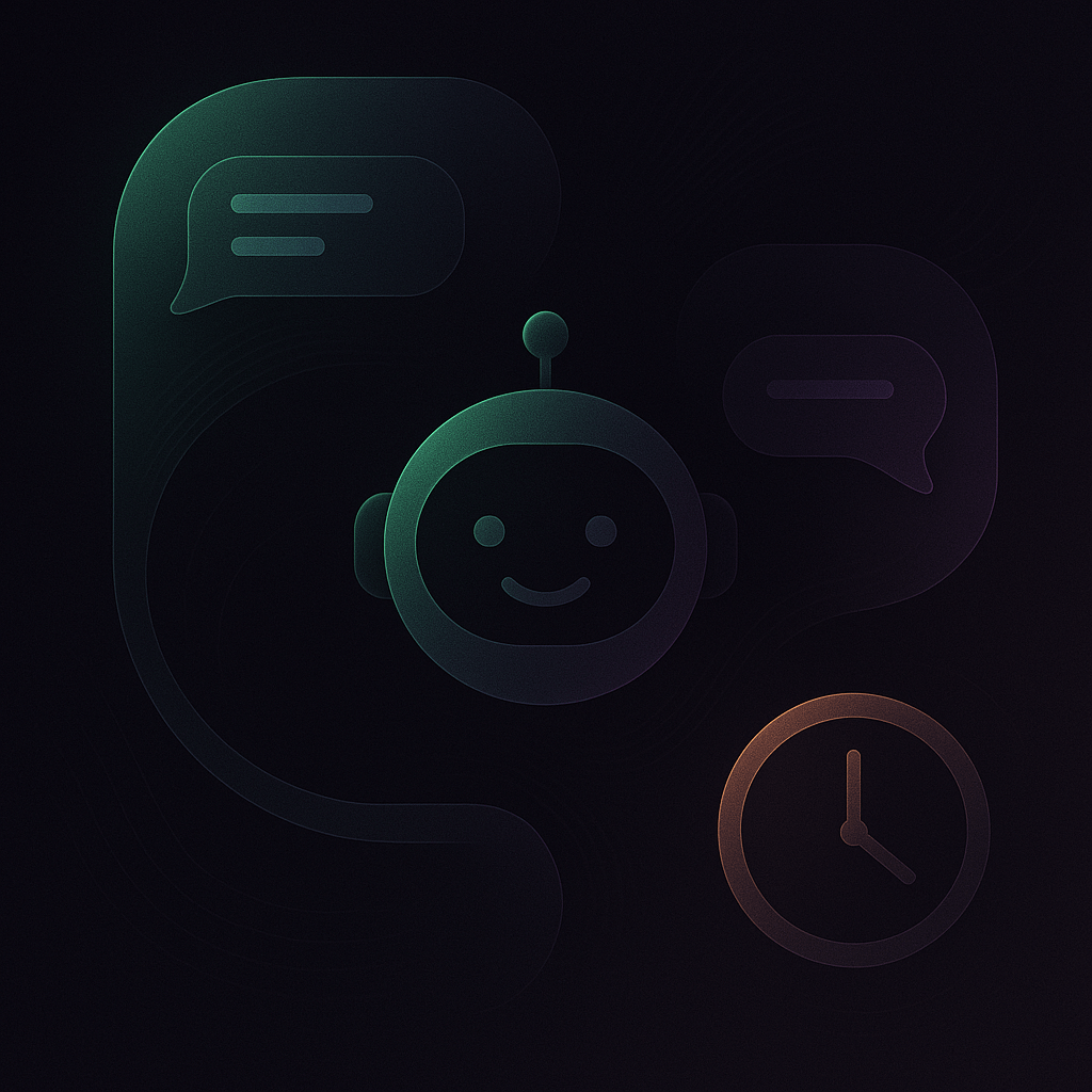 Chatbot face with chat bubbles and clock symbol for instant replies