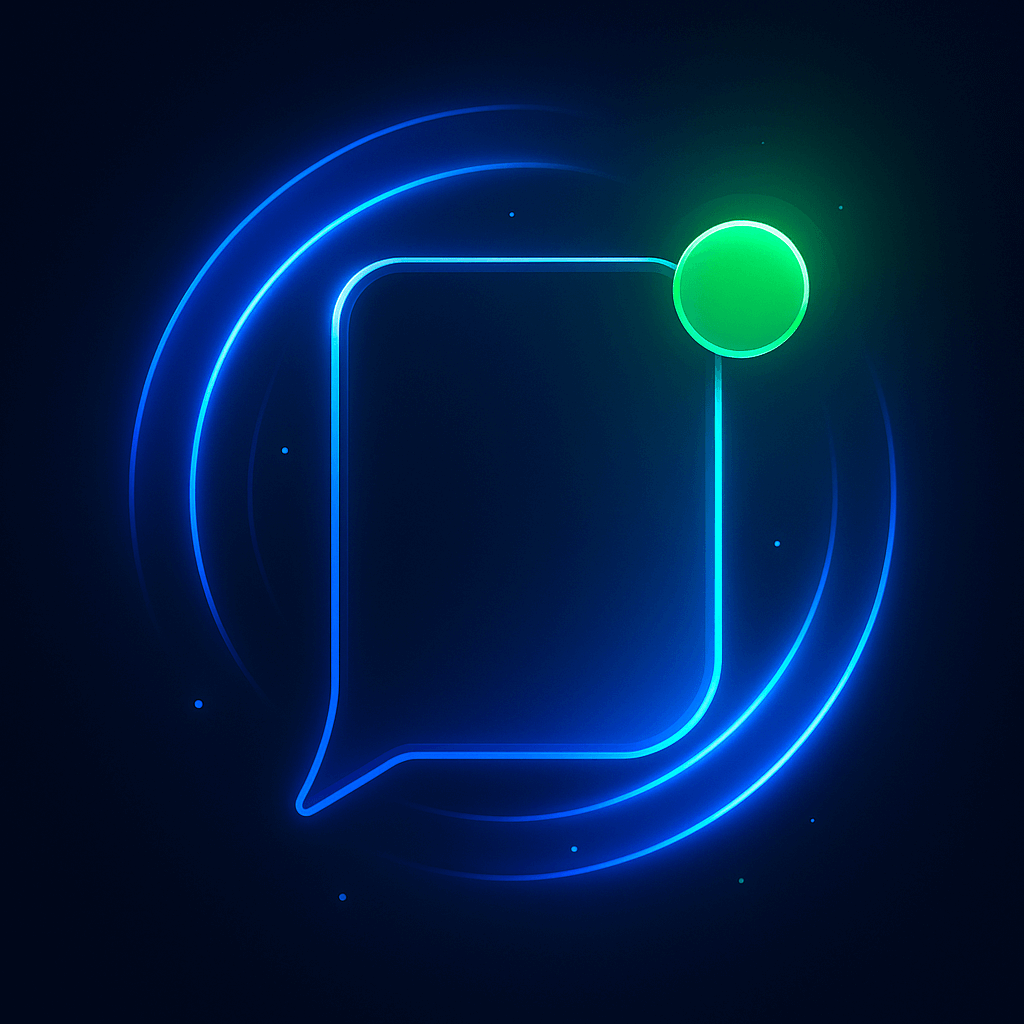Neon blue chat bubble on dark gradient with green notification badge and rings.