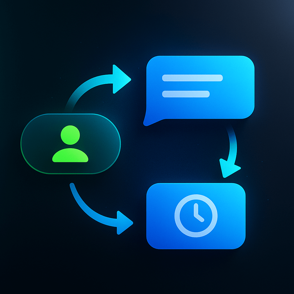 Guide to auto-replies that work while you sleep How to automate WhatsApp messages — person, chat bubble and clock in a continuous automation loop