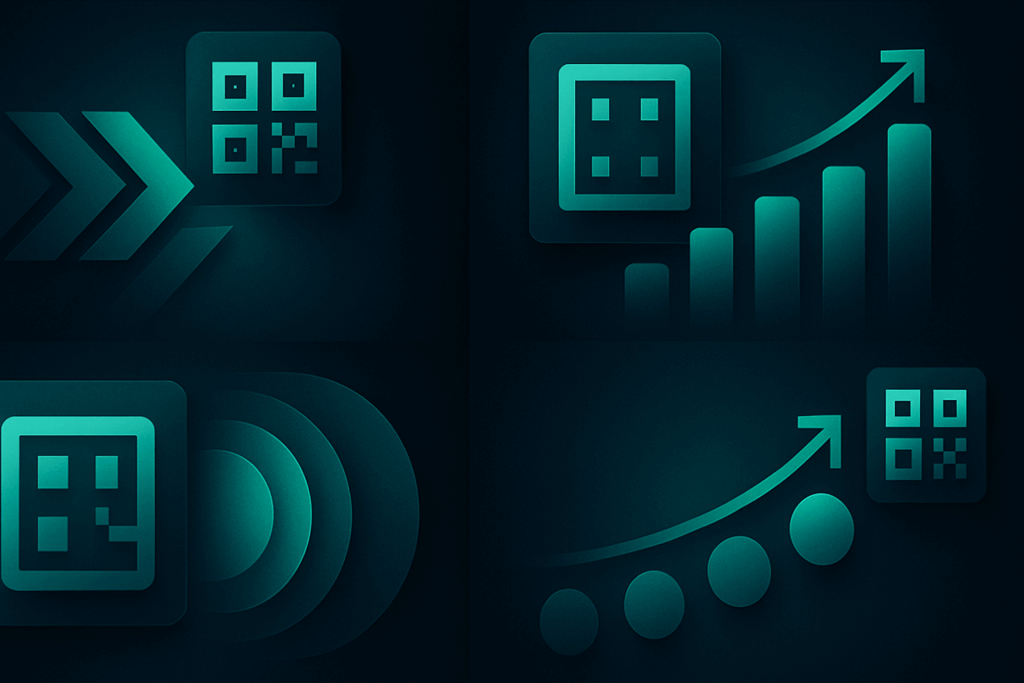 Abstract dashboard tiles showing QR opt-in growth signals Abstract teal and blue dashboard tiles with QR icons, arrows, bars, and circles symbolizing QR code growth and engagement