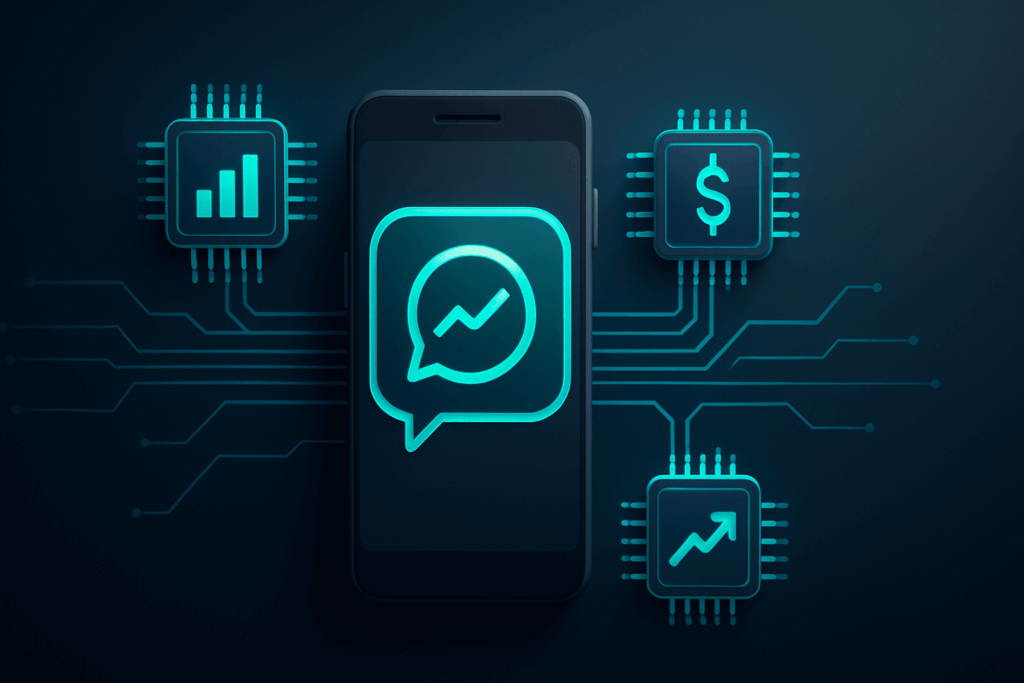 Finance Signals Monitor on a Microchip Network Smartphone amid glowing microchips and circuitry, cyan finance icons on dark gradient