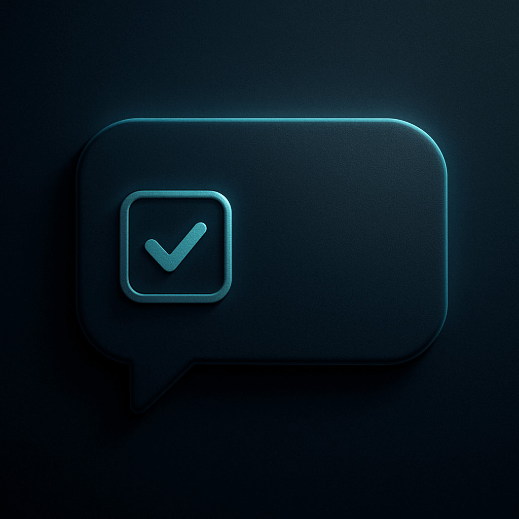 Consent Checkbox Chat Icon on Dark Gradient Background Glowing teal checkbox inside a dark chat bubble on graphite-blue gradient background