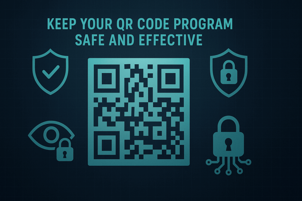 Keep Your QR Code Program Safe and Effective Dark blue graphic with a central QR code surrounded by teal security icons and the text ‘Keep Your QR Code Program Safe and Effective