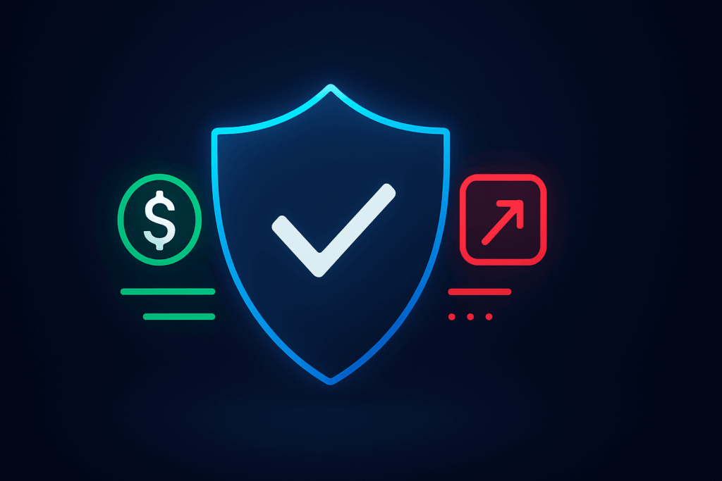 Compliance Safeguard Shield: Spending Limits & Risk Escalation Neon shield with checkmark on dark gradient, green dollar and red risk arrow accents