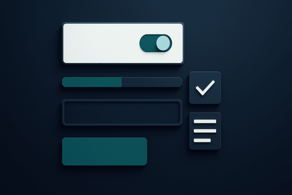 Modern opt-in UI elements on a sleek navy gradient background Sleek navy UI mockup of opt-in controls with toggles, bar, fields and icons, no text