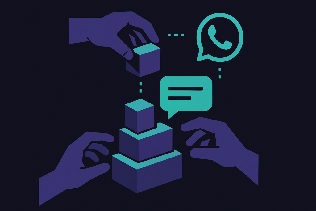 Stacked angular blocks forming WhatsApp chatbot structure on dark background