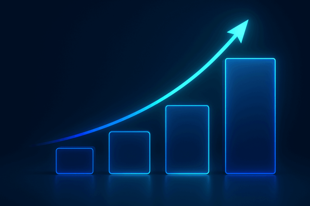 Regulatory Readiness — Path to Scale Neon bars rising left to right on a dark blue gradient, linked by a glowing cyan growth arrow