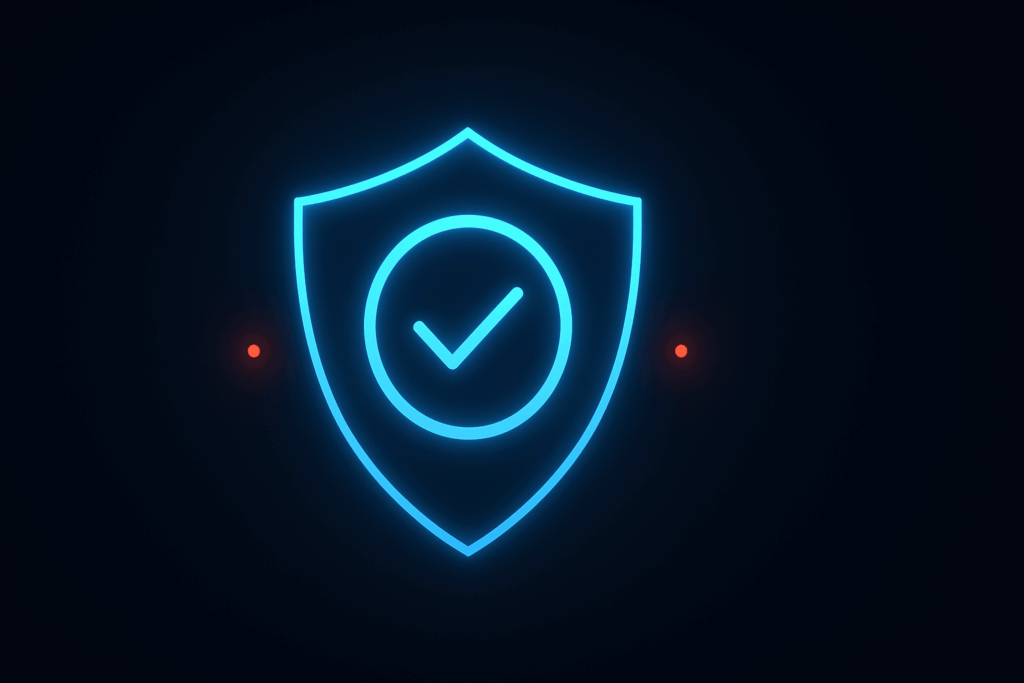 Consent Safeguard Shield – Modern Data Protection Icon Neon blue shield icon on dark inky gradient with subtle red alert dots glowing softly
