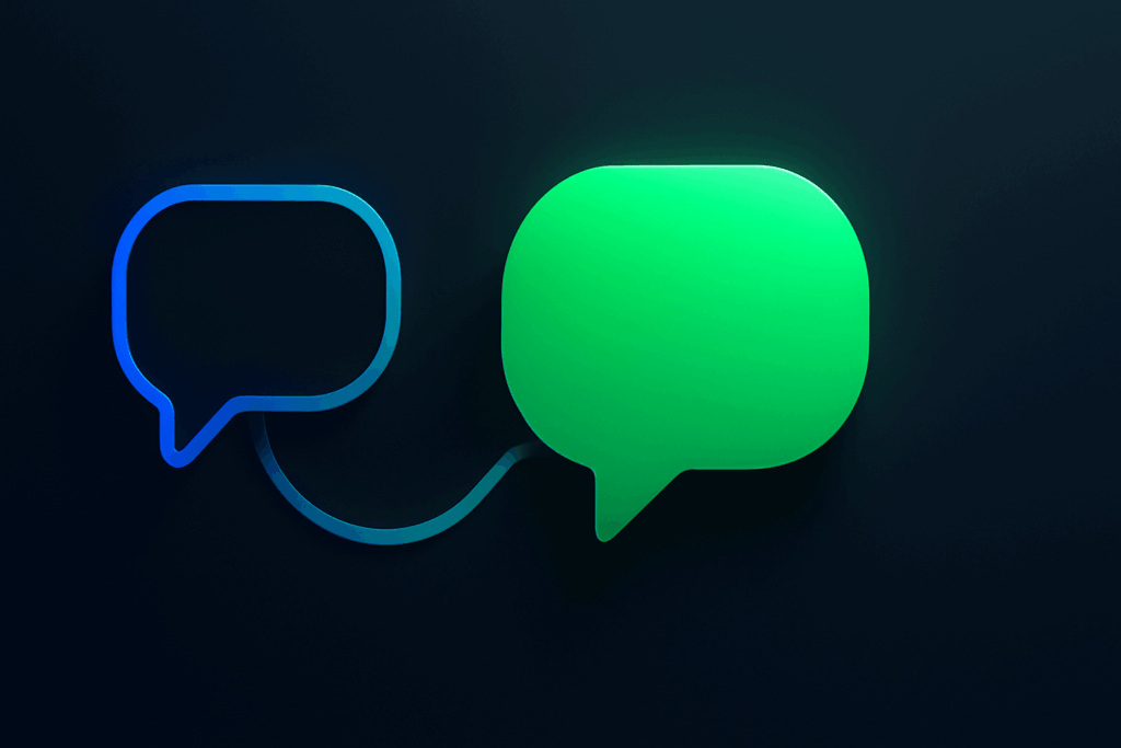 Smart WhatsApp reply—abstract chat bubbles Abstract chat-bubble geometry showing a single smart reply on a dark gradient background
