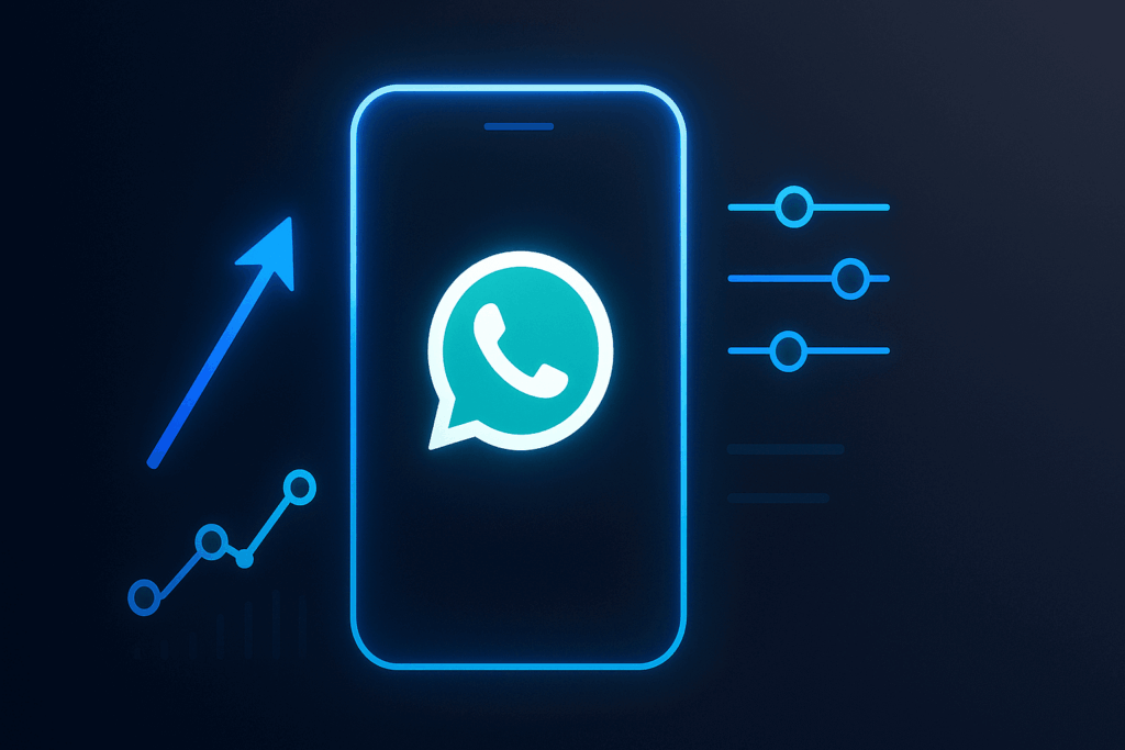 Guardrailed WhatsApp Finance Automation Neon-outline phone with WhatsApp icon, sliders, and rising finance graphs on dark gradient