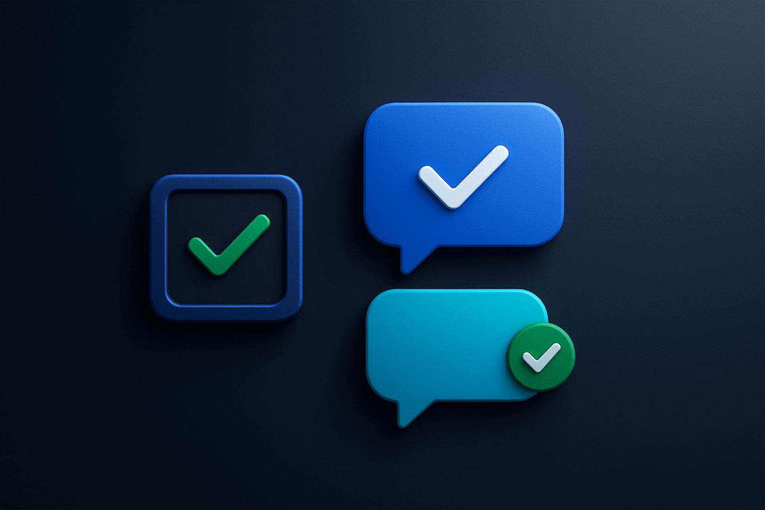 3D blue checkbox and verified chat bubbles on dark gradient background, no text