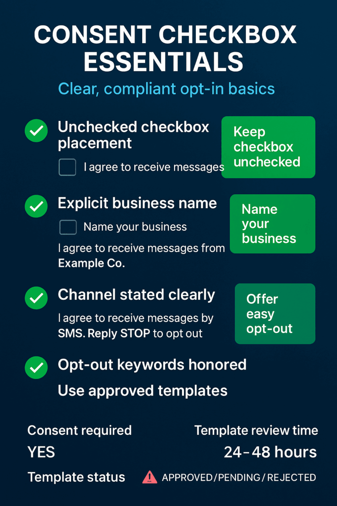 Consent Checkbox Essentials: Clear, compliant opt-in basics for checkboxes and templates Vertical infographic on consent checkboxes, clear opt-in rules, and template KPIs