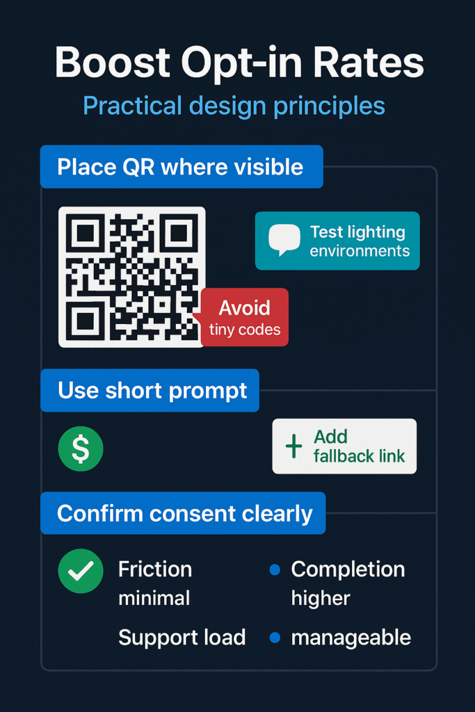 Boost Opt-in Rates: Practical design principles Infographic showing tips to boost opt-in rates with QR placement, short prompts, clear value, and consent cues