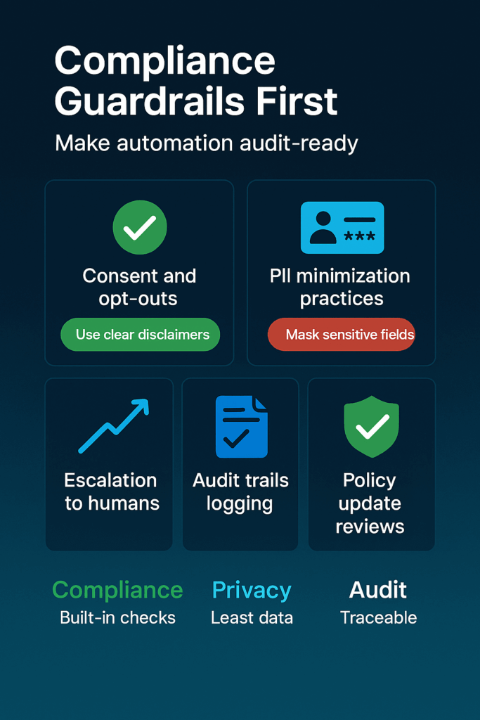 Compliance Guardrails First: Audit-Ready Automation Infographic: Compliance Guardrails First—grid on consent, PII minimization, logs, reviews
