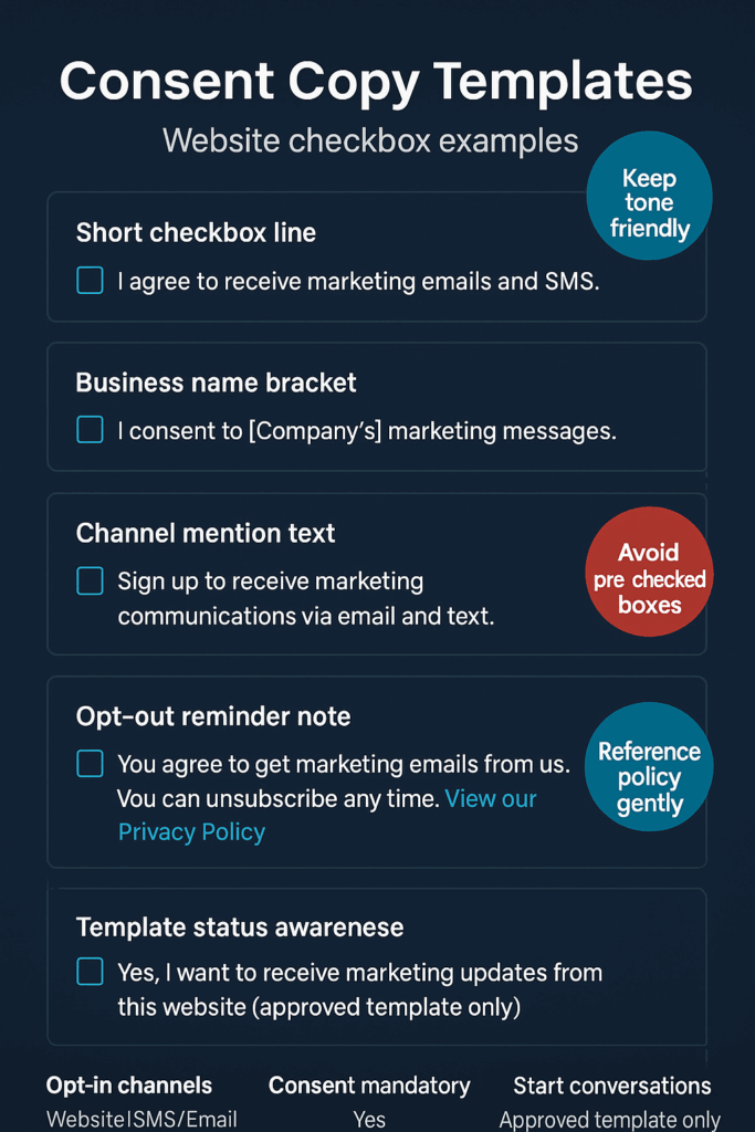 Consent Copy Templates – Website Checkbox Examples for Friendly, Compliant Opt-Ins Infographic of website consent checkbox templates with tips for friendly, clear opt-ins