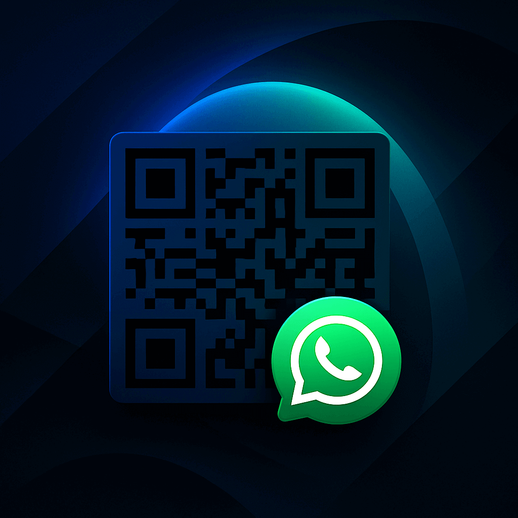 Scan to opt in to WhatsApp updates Dark, modern graphic featuring a glowing QR code with cool blue gradients and a bright green WhatsApp icon