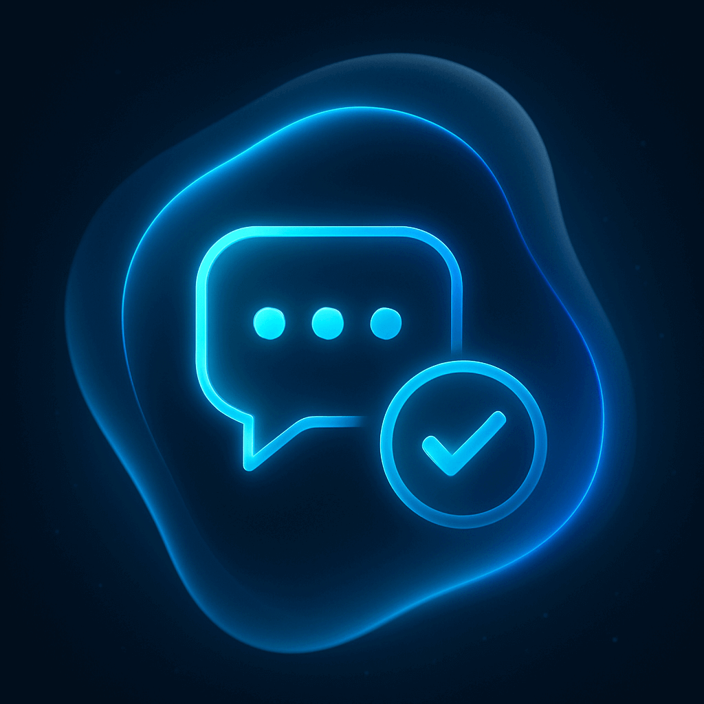 Secure opt-in messaging consent icon with glowing chat bubble and approval checkmark Glowing blue chat bubble with checkmark icon on dark gradient, symbolizing consent