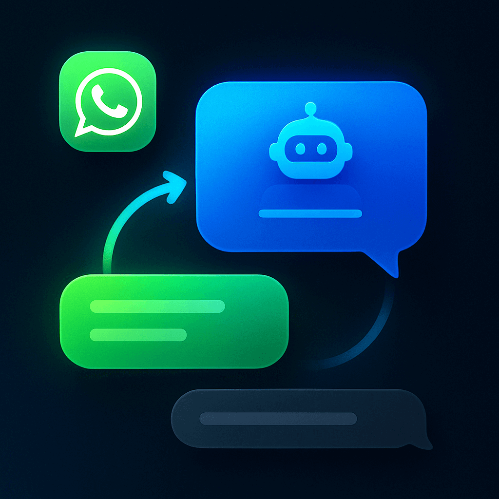 WhatsApp inbound automation—social teaser Square social graphic on dark gradient with rounded chat signals and soft particles, no text or logos